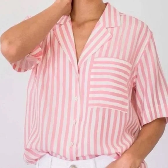 AYR Medium Pool Boy Shirt Pink Stripe Silk-Blend Short Sleeve Button Down Casual - Picture 1 of 7